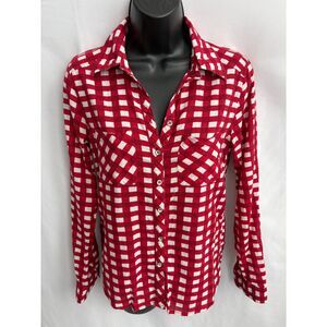 Revibe Checkered Red Button Down Shirt Blouse Size S 100% Cotton Classic Top